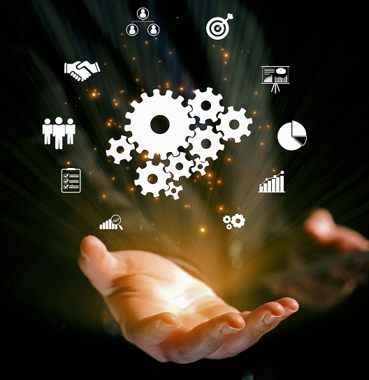 Technology Innovation - Hands Holding Digital Gears and Business Icons